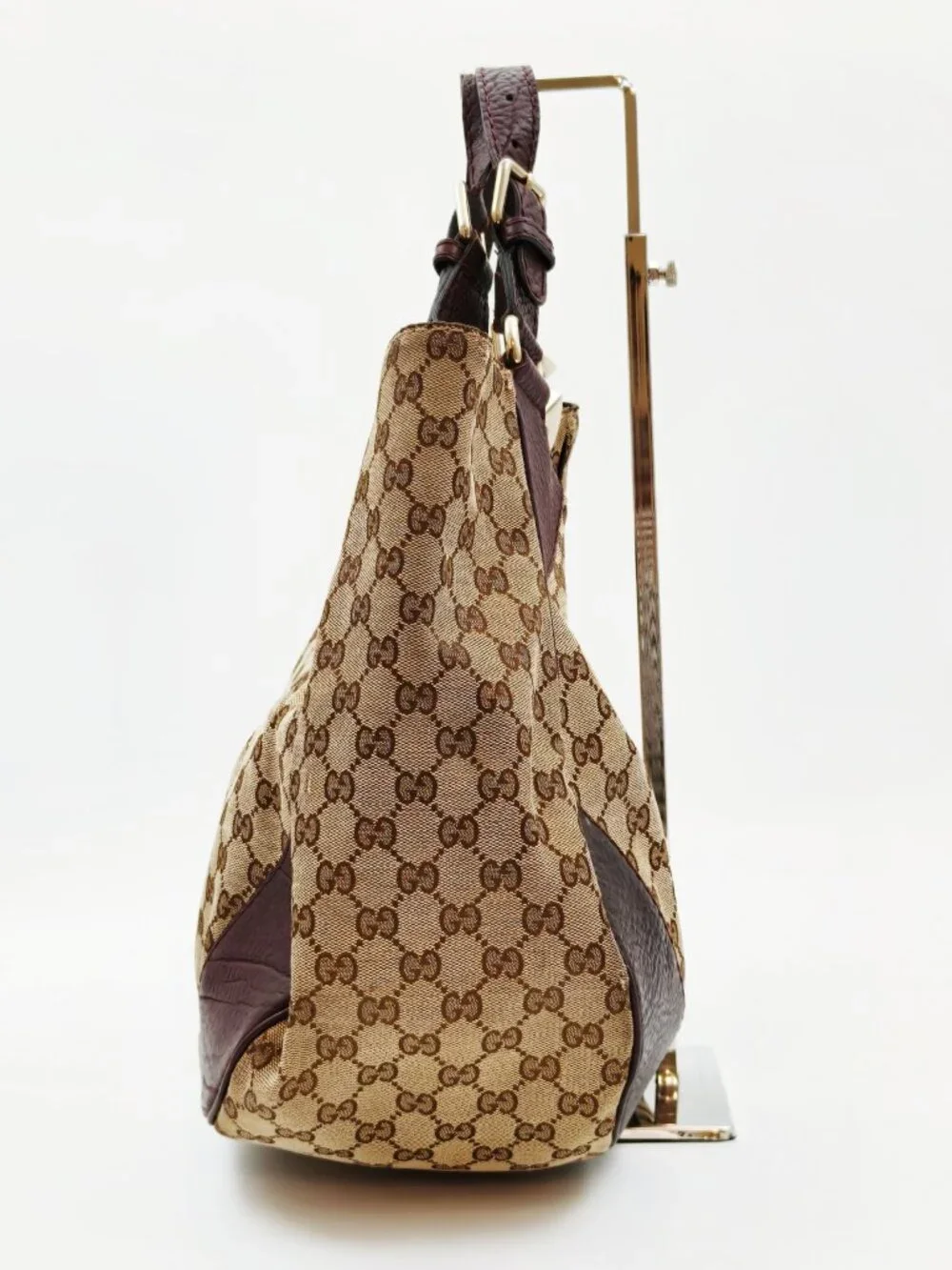 Gucci GG Canvas Horsebit Hobo Shoulder Bag Beige Brown Monogram Leather Large
